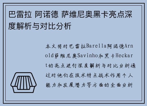 巴雷拉 阿诺德 萨维尼奥黑卡亮点深度解析与对比分析